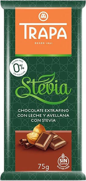 

Шоколад молочный без сахара и без глютена Trapa Stevia с фундуком 75г Испания