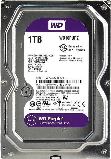 

Жесткий диск 3.5" 1TB Western Digital Purple 5400rpm 64MB SATAIII (WD10PURZ)