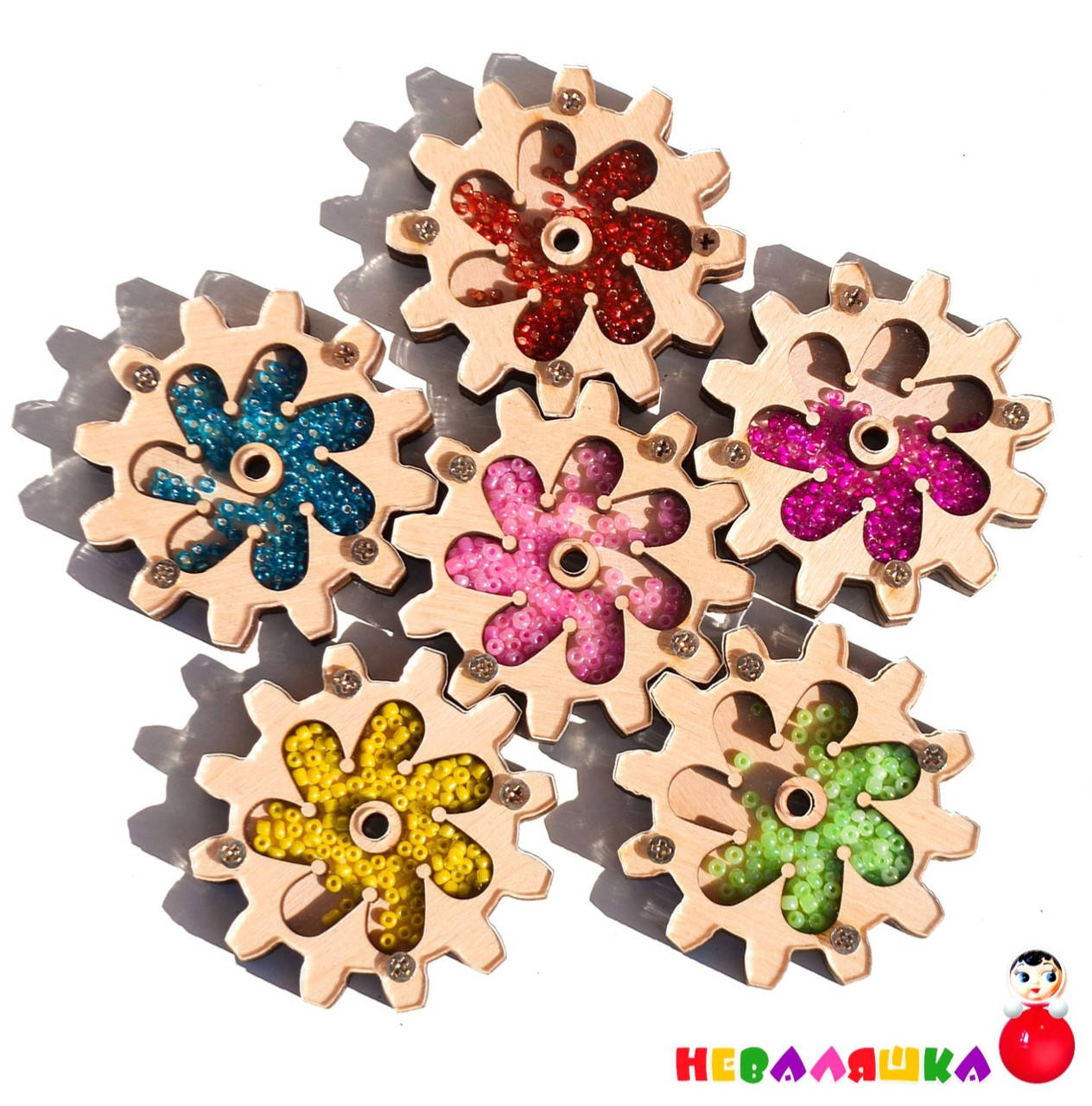 

Заготовка для Бизиборда Шестеренка 1шт Цветочек с Бисером 5,5 см дерев'яні шестерінки з бісером бізіборд, Бежевый