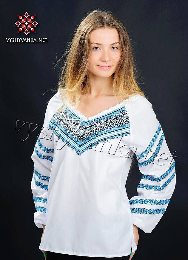 

Вишиванка жіноча з довгим рукавом синій орнамент, арт. 0036 56, Белый