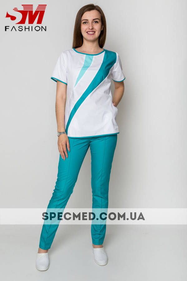 

Женский медицинский костюм АЙС , короткий рукав, брюки зауженные ELIT COTTON, Белый/темно-синий (отделка)