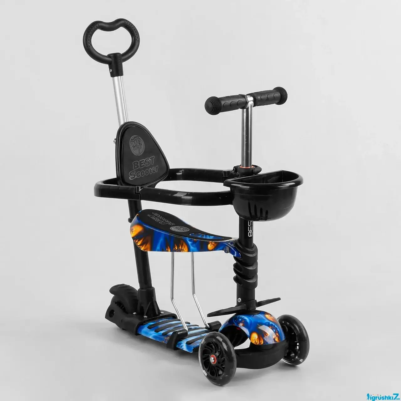 

Самокат 5в1 Best Scooter с защитным бампером, колеса PU 120 мм с подсветкой, родительская ручка, сиденье, Черный