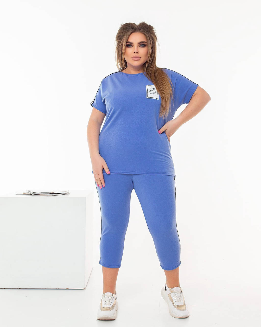 

Костюм спортивный летний с лампасами батал, свободный женский спортивный двунитка, спортивный костюм батальный чёрный, 52-54