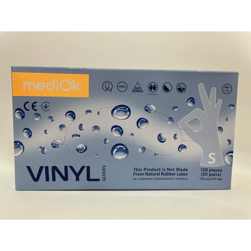 

Перчатки виниловые неопудренные MediOK размер  (50 пар) прозрачные, Прозрачный