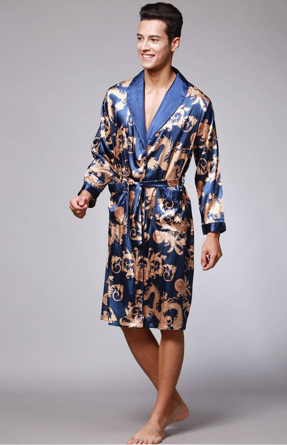 

Мужской халат синий с драконами размер 54-58 или XL-XXL (C3667)