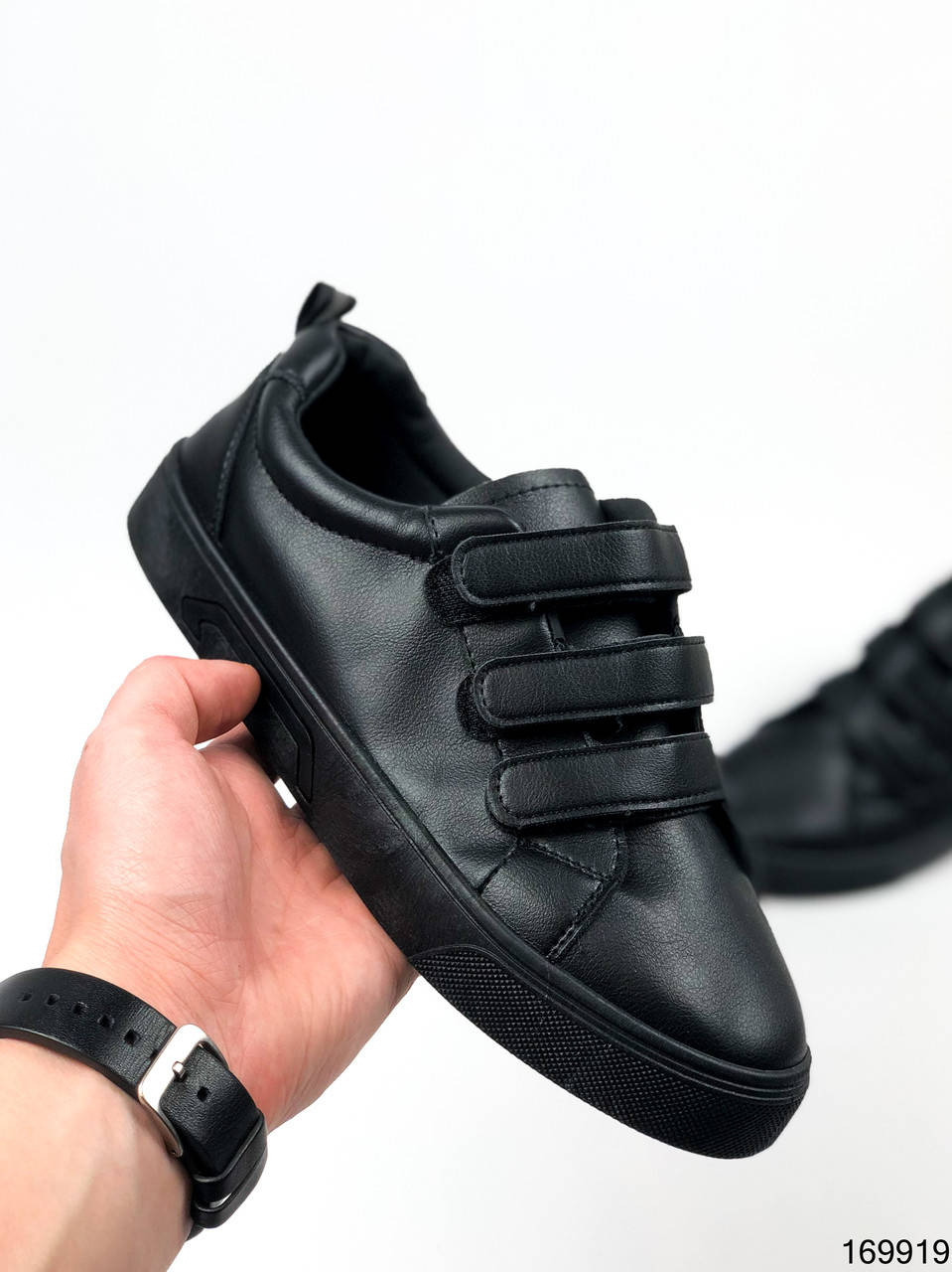 

Кроссовки женские черные на липучках из эко кожи, Черный