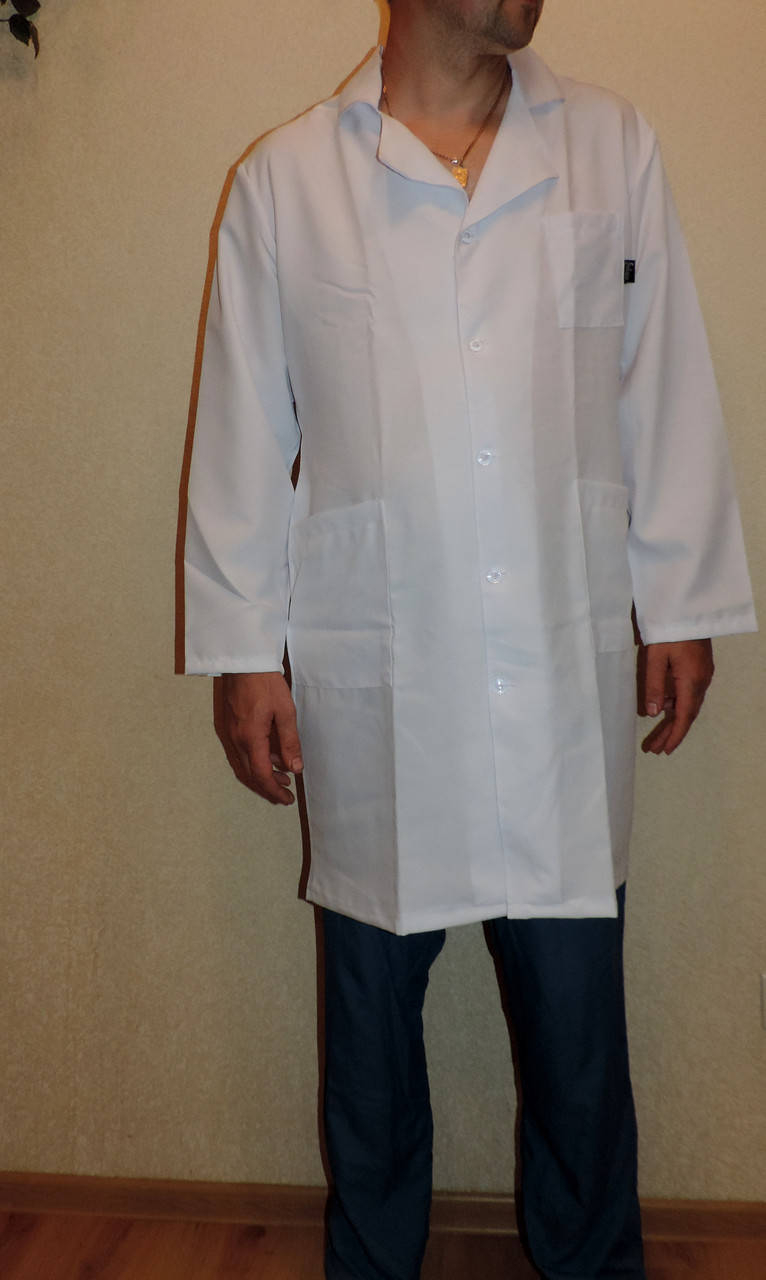 

Медицинский халат мужской больших размеров с V-образным вырезом горловины., Белый