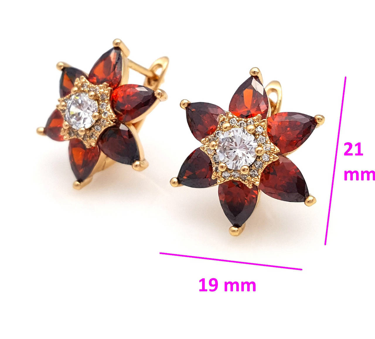 

Серьги Цветок с красным цирконием, англ.замок, позолота Xuping, 18К