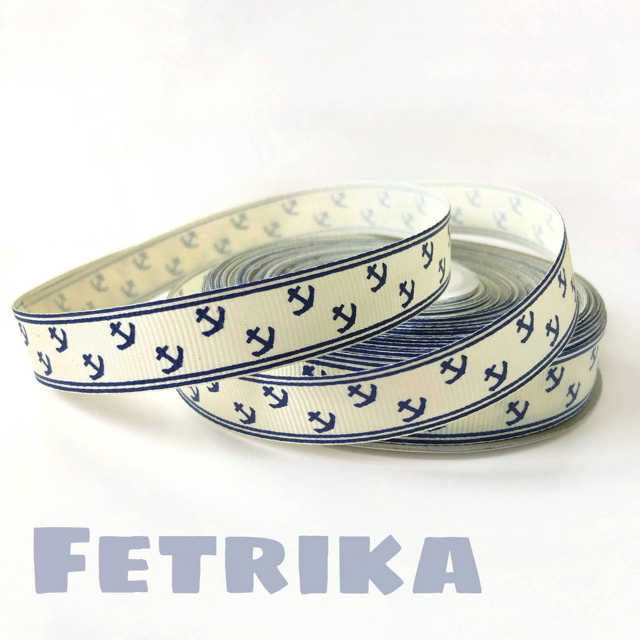 

Лента репсовая с рисунком "Якоря" 1,5 см, кремовая с синими якорями, Айвери