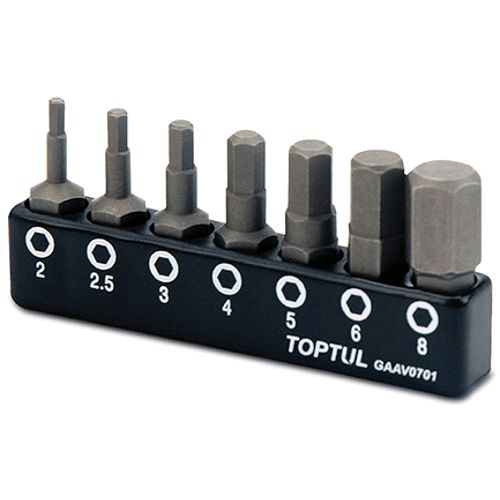 

Набор бит шестигранных TOPTUL 1/4" 7ед. (Hex: 2, 2.5, 3, 4, 5, 6, 8mm) GAAV0701