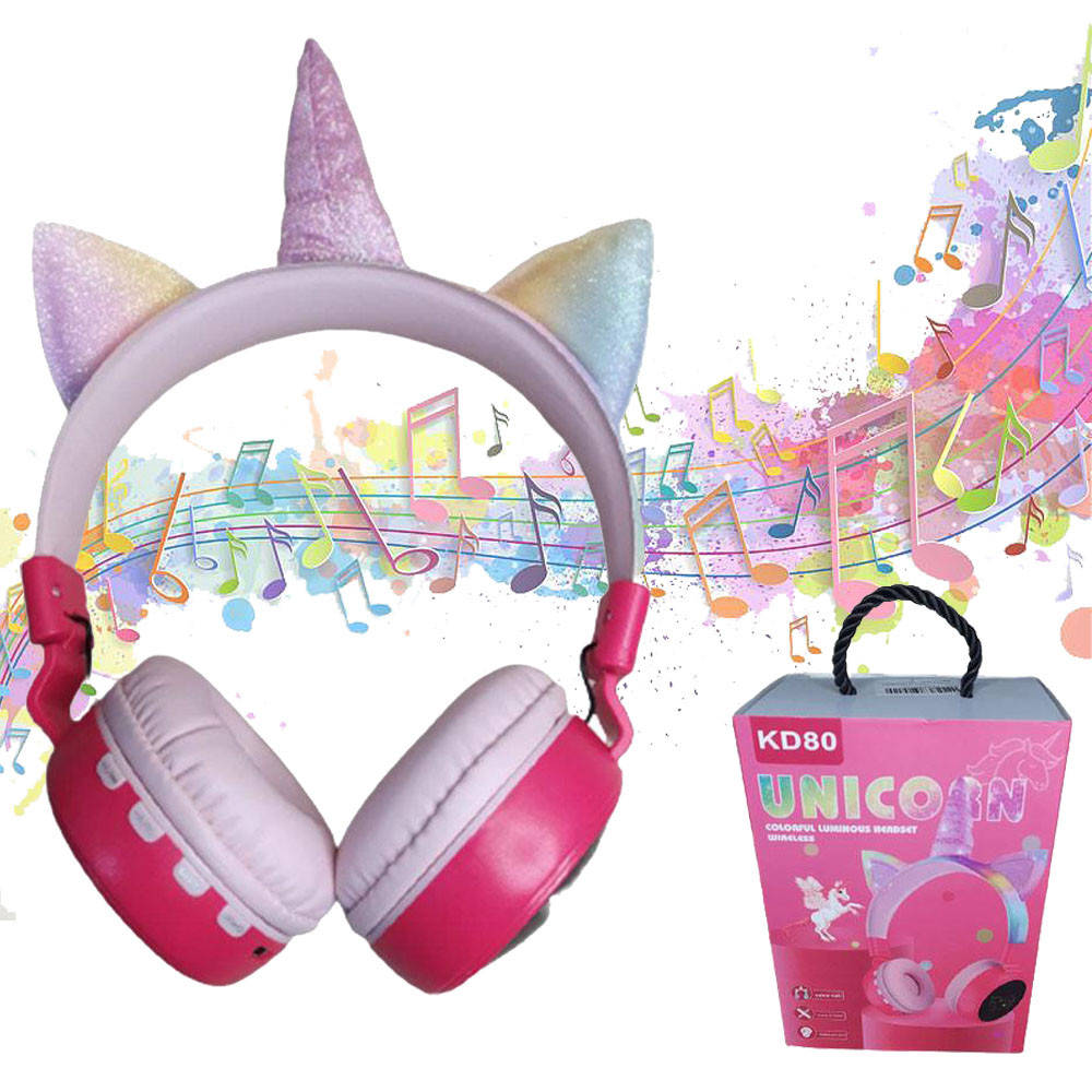 

Наушники беспроводные Bluetooth KD80 Единорог с ушками / Детские наушники с подсветкой Красный