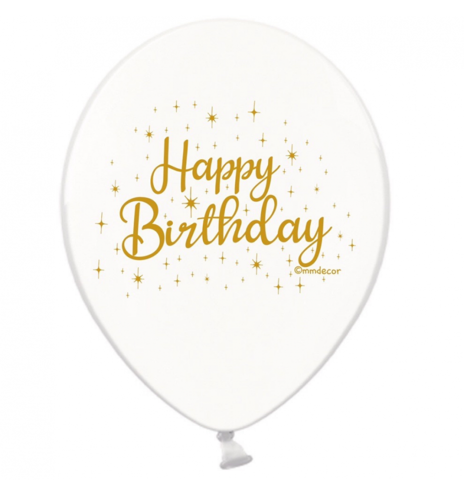 

Латексный шарик BELBAL 12"(30 см) Happy Birthday золото на белом, Персиковый