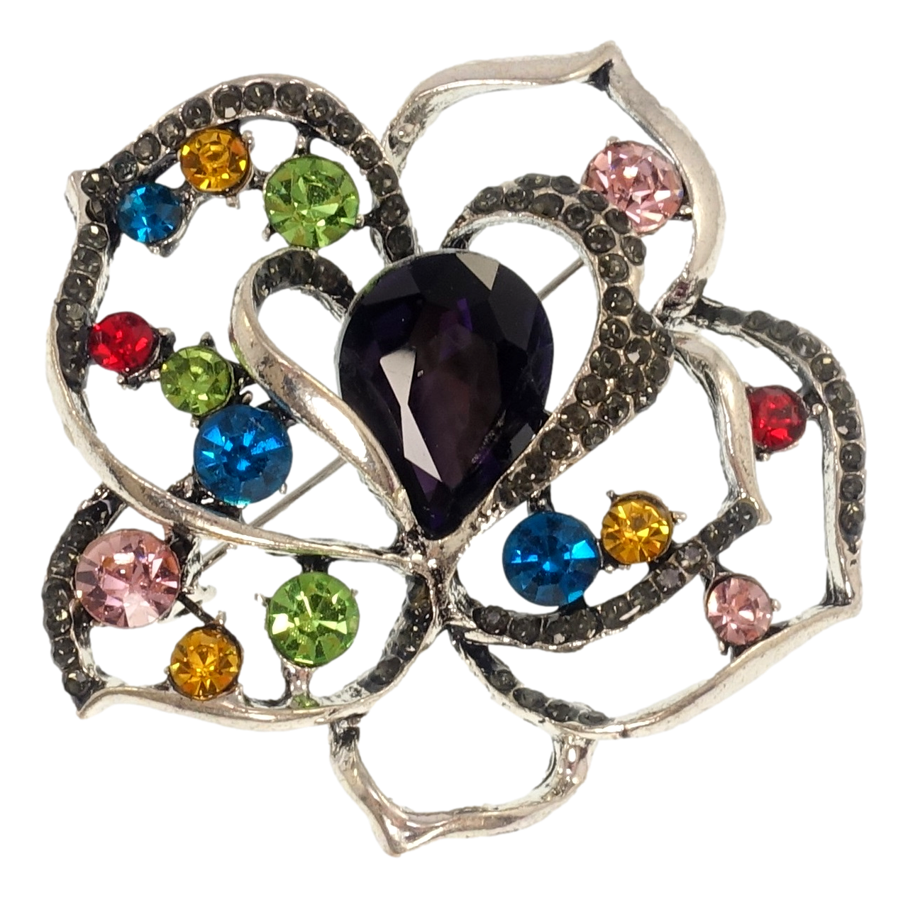 

Брошь "Цветочек с фиолетовым кристаллом и разноцветными стразами"