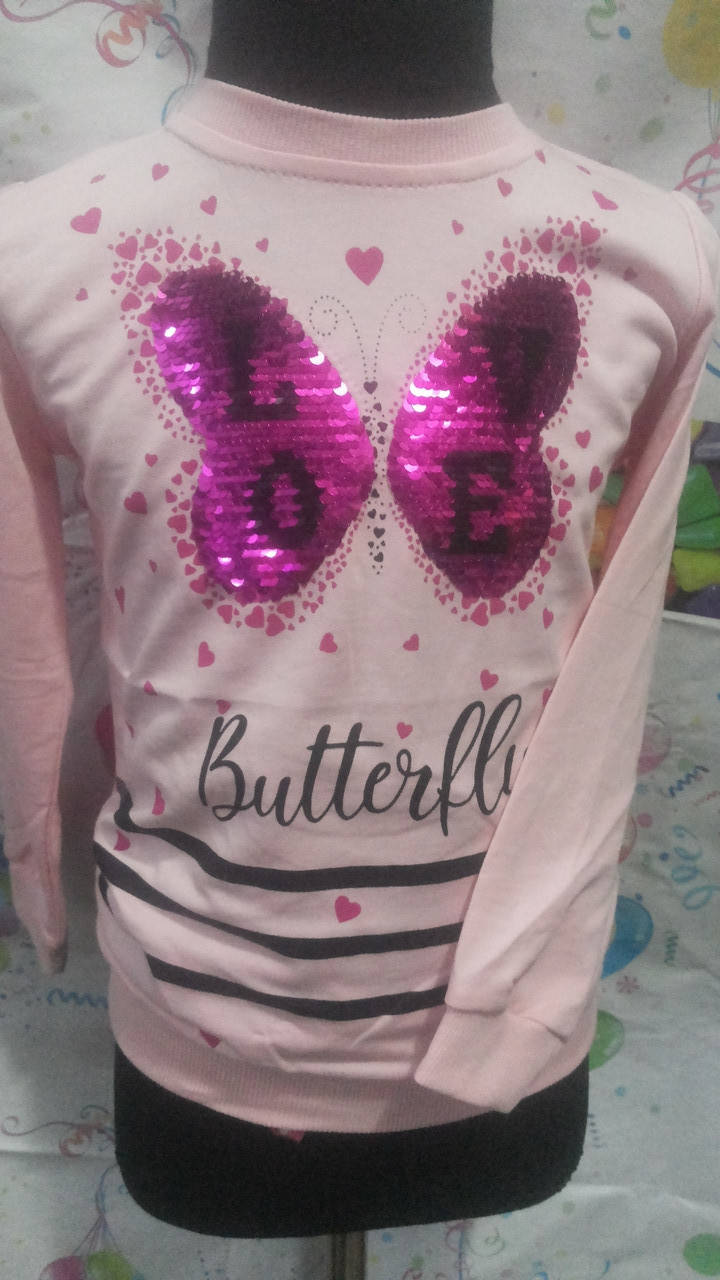 

Реглан "Бабочка" с пайетками для девочки 5-8 лет., Розовый