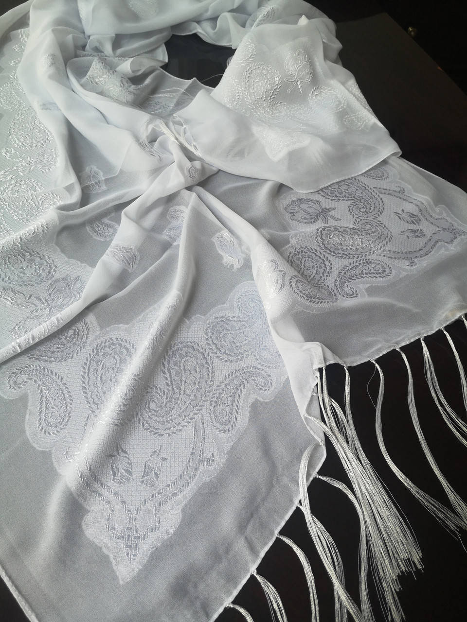 

Женский Шарф палантин Белый Белоснежный. Рисунок с отливом. 190/60, Голубой