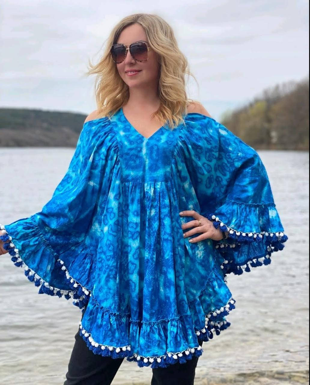 

Летнее короткое платье туника «Бриз» голубого цвета (FREESIZE)