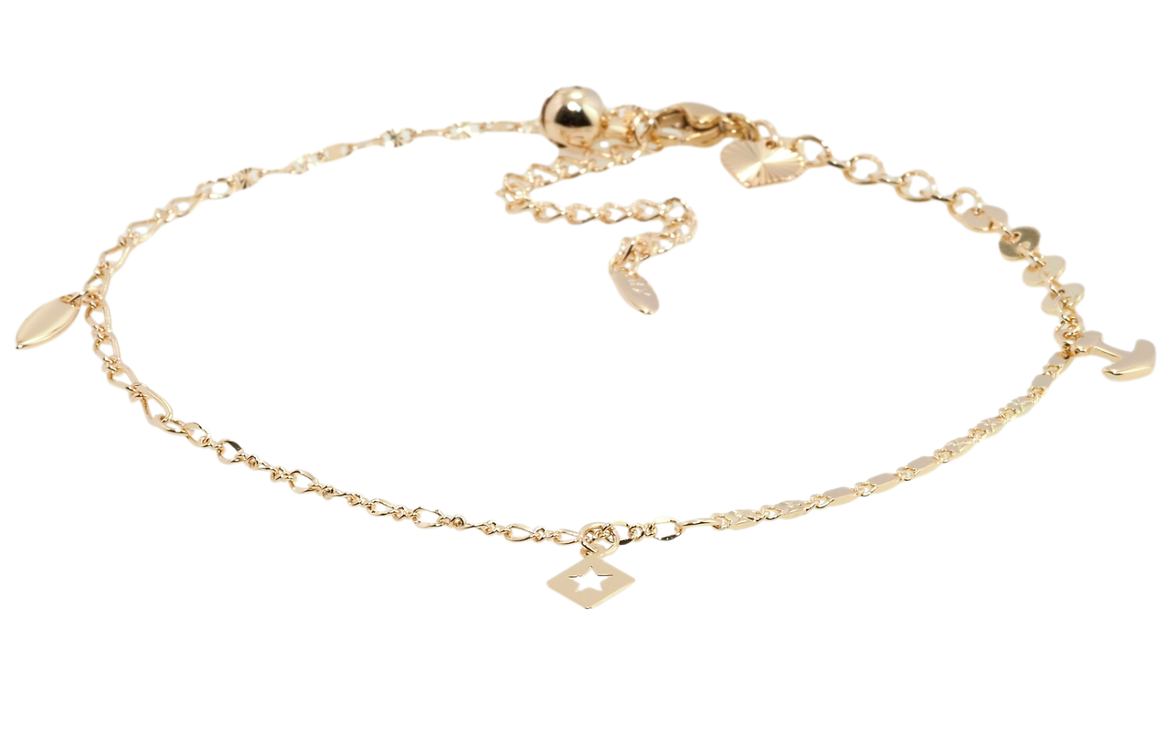 

Браслет Xuping Позолота 18K на ногу "Плетение комбинированное с подвесками" длина с доп.цеп. 25-29.5см х 2-4мм