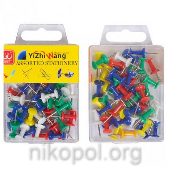 

Кнопки канцелярские "Шпага", 50 штук, Разные цвета