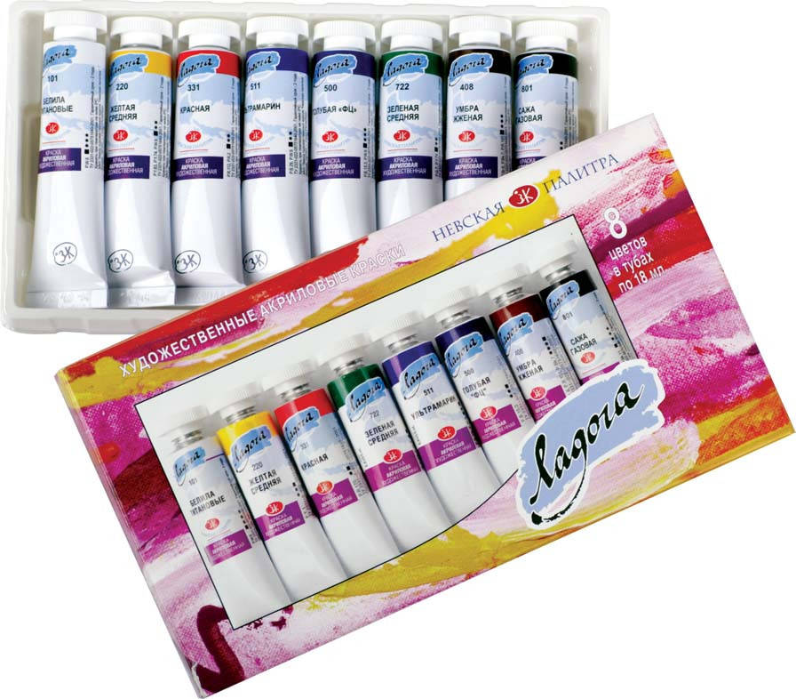 

Краски акрил. Ладога 8 цвета 18мл туба к/к Невская Палитра код: 350811 арт.завода: 2241178