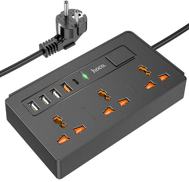 

Удлинитель сетевой HOCO DC15 3 розетки, 4USB, QC, 2 м, черный
