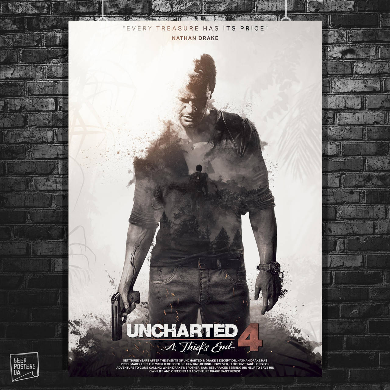 

Постер Uncharted 4, A Thief's End. Нейтан «Нейт» Дрейк, Хлоя Фрейзер, Елена Фишер, Виктор «Салли» Салливан.