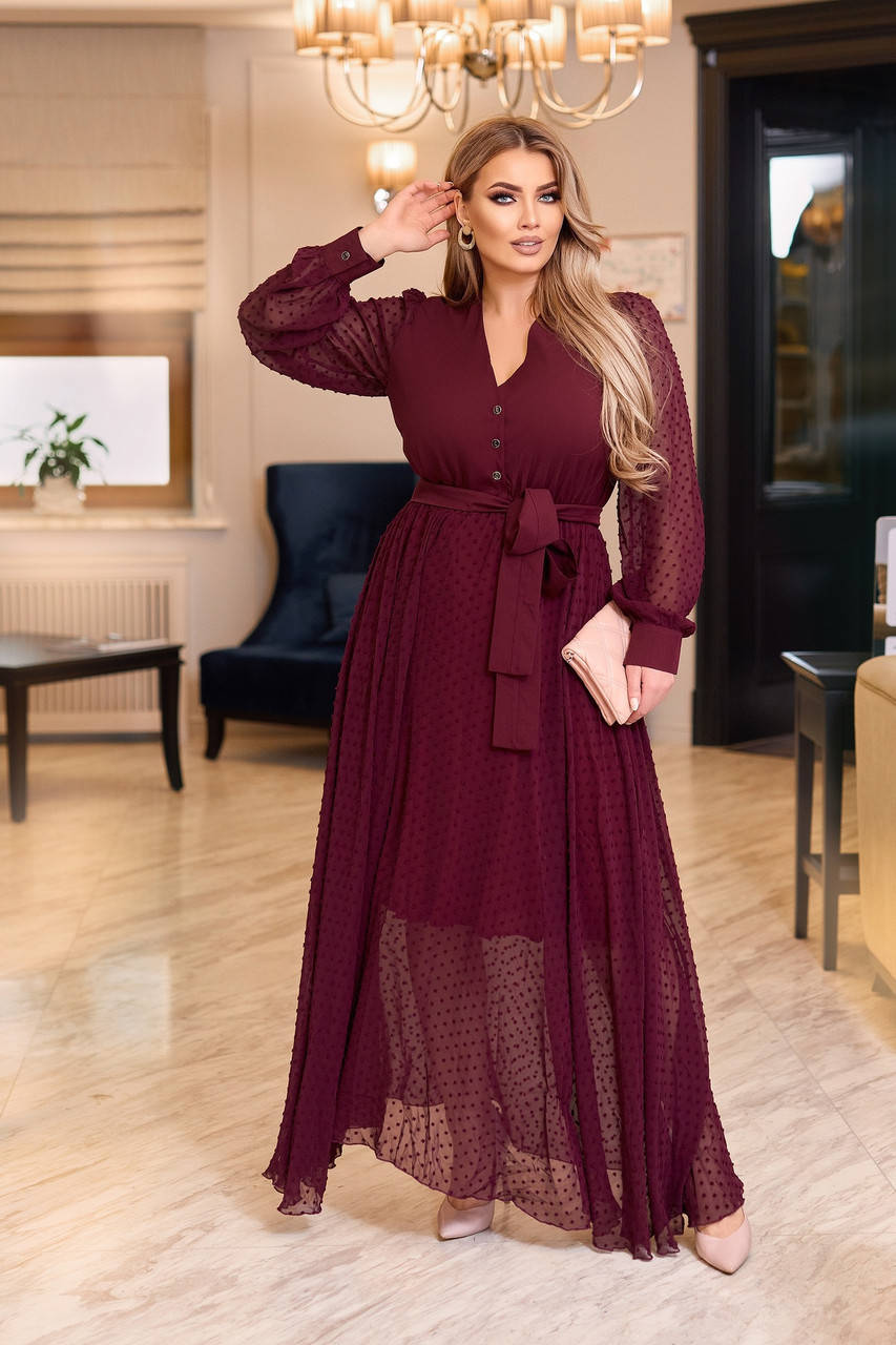 

Длинное батальное женское шифоновое платье 62/64, Марсала