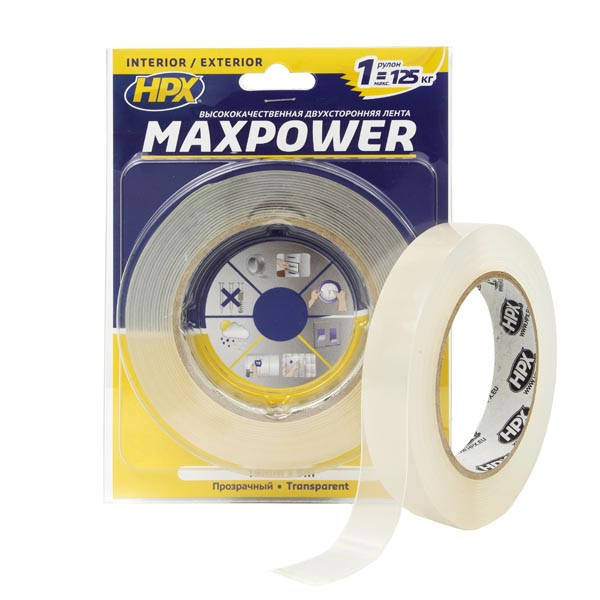 

HPX MAXPOWER 19мм прозрачная двусторонняя лента (скотч) для тяжелых нагрузок