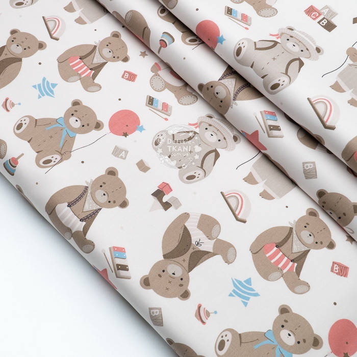 

Сатин "Плюшевый мишка с розовым шариком" на белом, №4110с, Бежевый