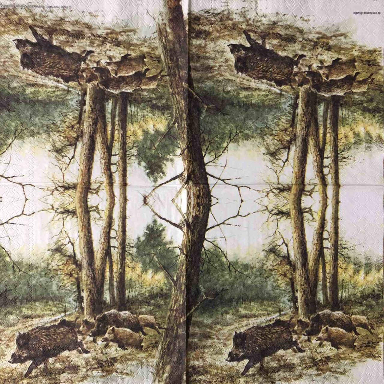 

Салфетка декупажная 33x33 см 7 "Дикие кабаны охота Природа Лес" Серветка для декупажу