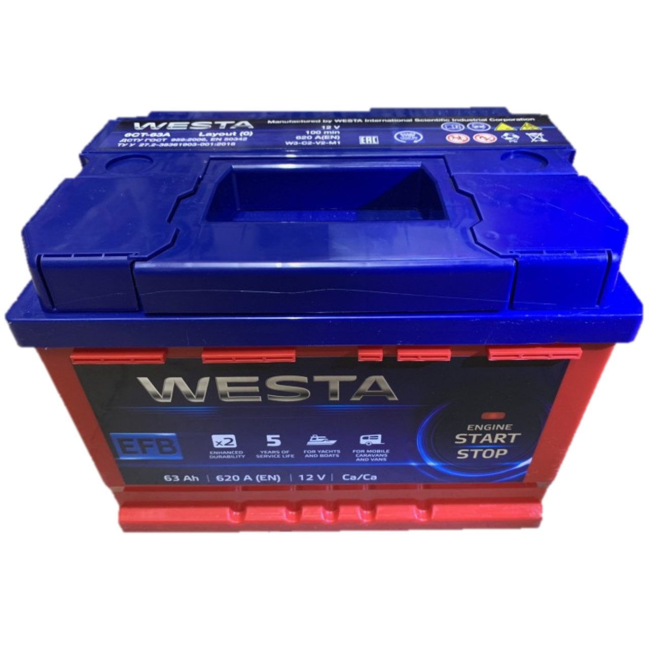

Аккумулятор Старт-Стоп, 63Ah, 620Aen, R+, Westa Premium RED, 6СТ-63А(0) [westa63-620R+] Веста 63 ампер, правое