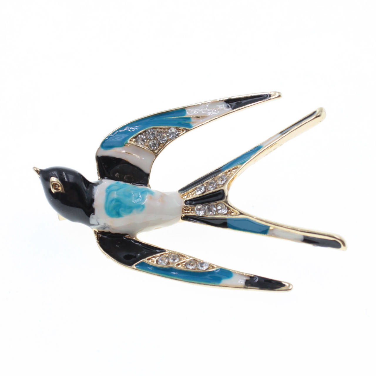 

Брошь металлическая золотистая Ласточка покрыта цветной эмалью размер изделия 50х30 мм