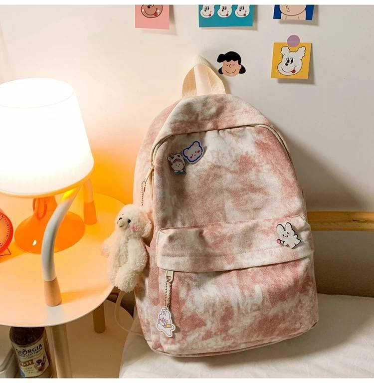 

Рюкзак для девочки подростка школьный стильный с разводами в стиле тай-дай с брелком Мишка розовый