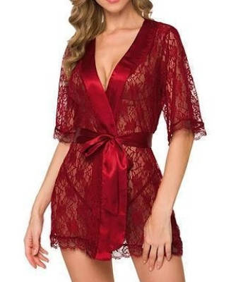 

Сексуальный кружевной халат короткий черный красный белый синий халатик из кружева с поясом, Бордовый