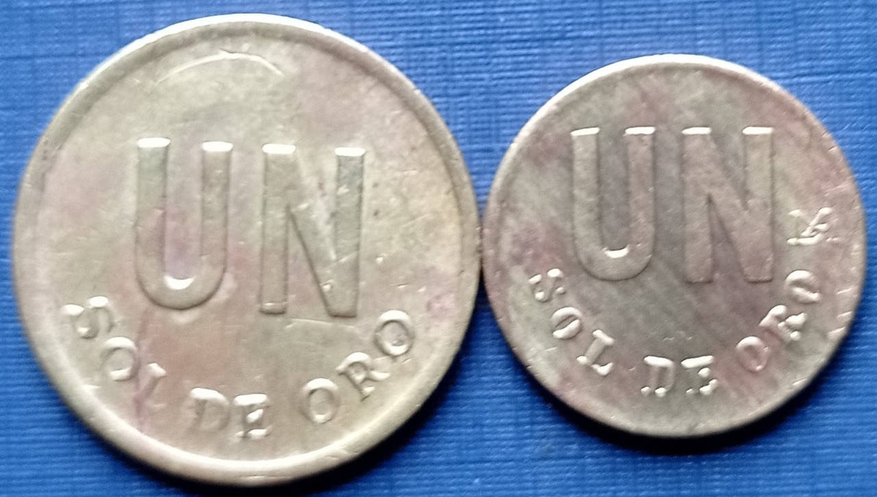 

2 монеты 1 соль де оро Перу 1975 1980 большая и маленькая одним лотом