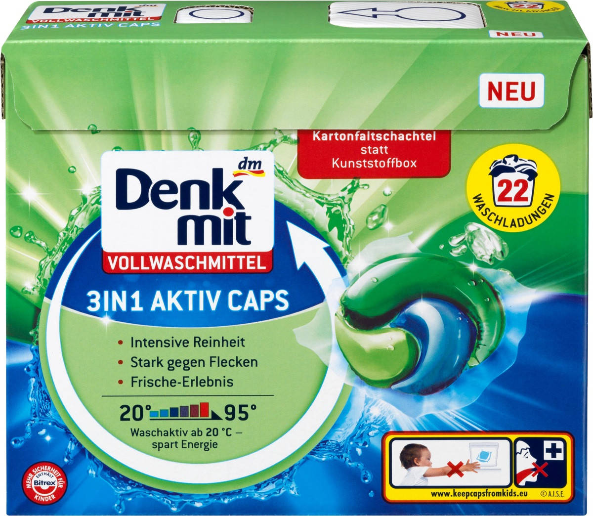 

Denkmit Vollwaschmittel 3in1 Aktiv Caps капсулы для стирки белого белья 3 в 1 22 шт.
