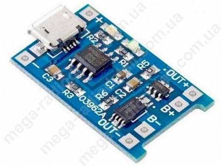 

Модуль зарядний 5V 1A TC4056 Micro USB - Li-Ion 3.7V + захист