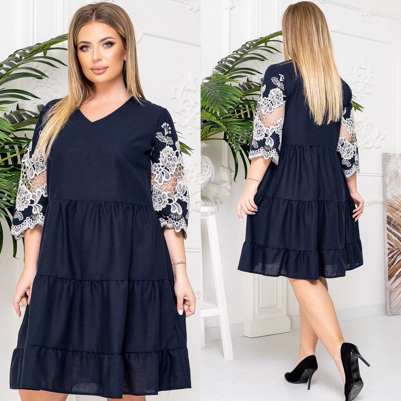 

Женское свободное платья лен-прошва 46/48