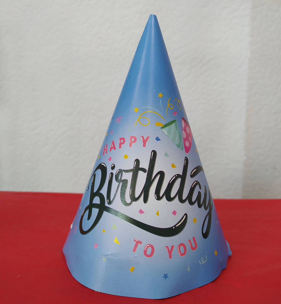 

Набор колпаков праздничных принт Happy Birthday голубой 15см