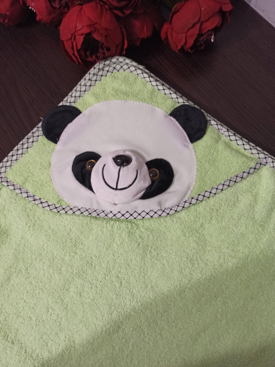 

Детское полотенце махровое, плед с капюшоном 90 * 90см.салатовый панда.