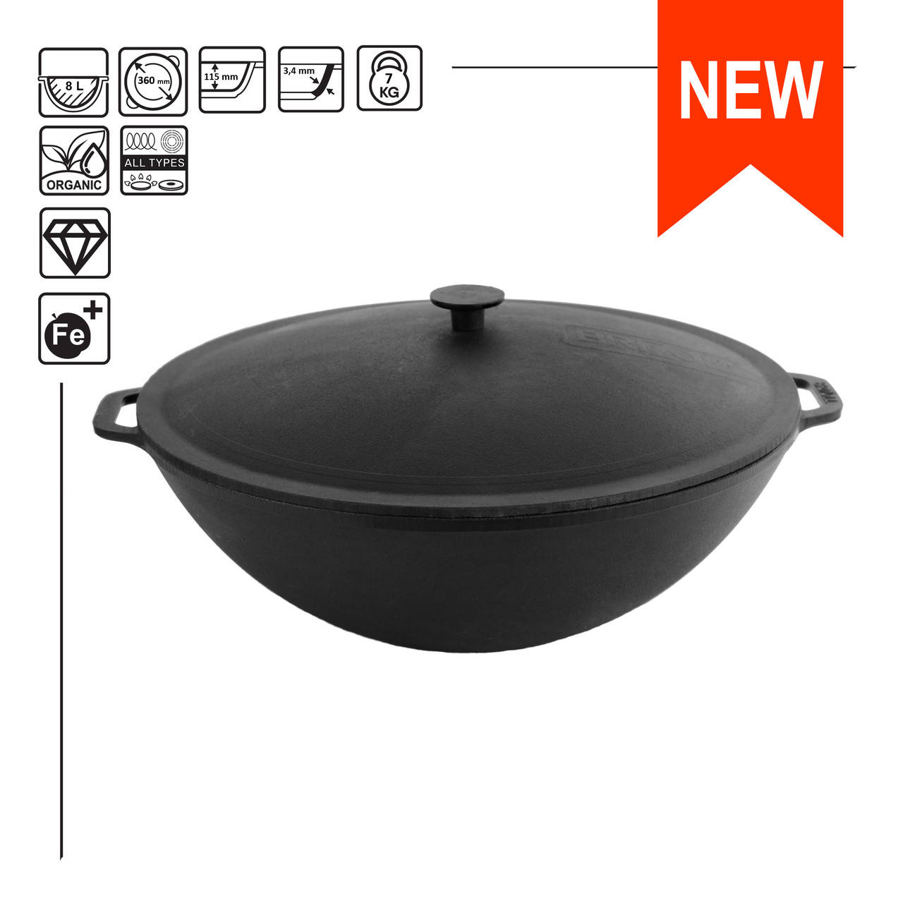 

Сковорода чугунная WOK с чугунной крышкой Brizoll 8 л. обработанная Бризоль - W36-2