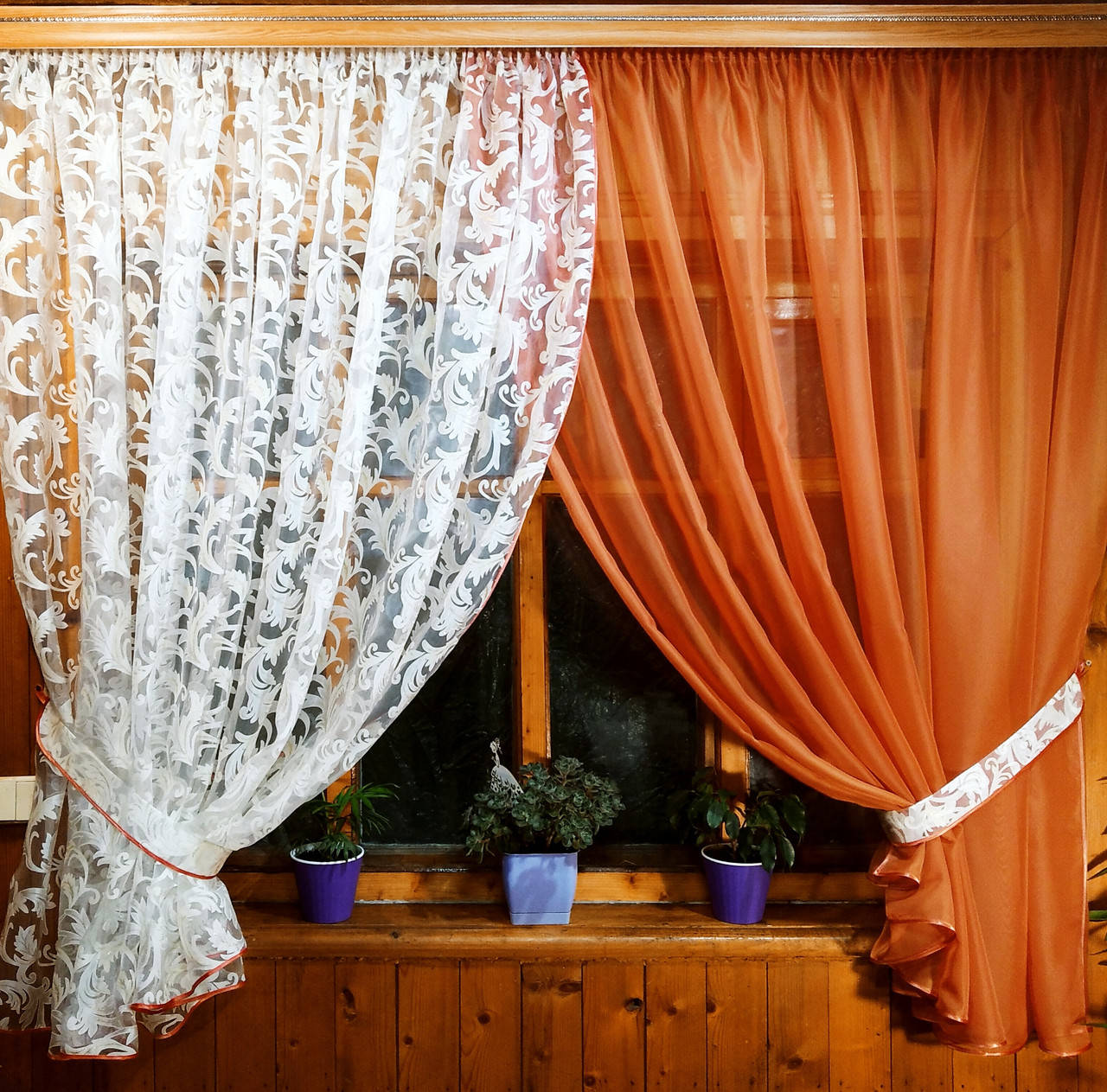 Занавеска кухонная короткая Вероника теракот вензель, Терракота