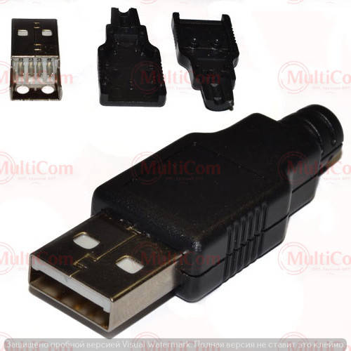 

01-08-002. Штекер USB тип A под кабель, разборной, корпус пластик, черный