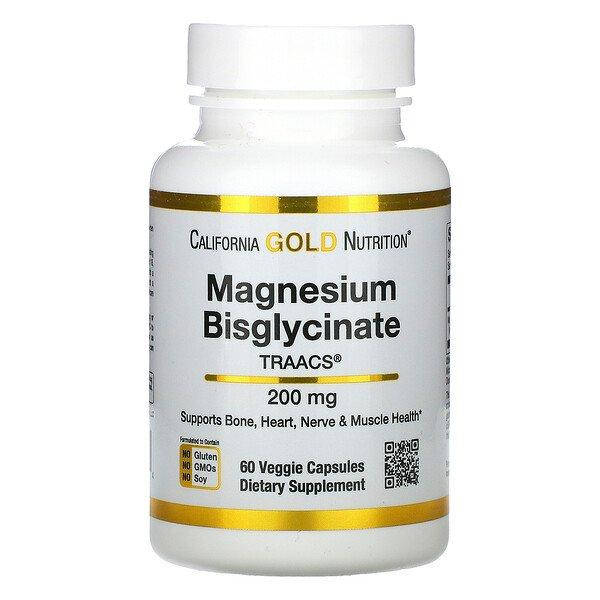 

California Gold Nutrition, бисглицинат магния, 60 вегетарианских капсул