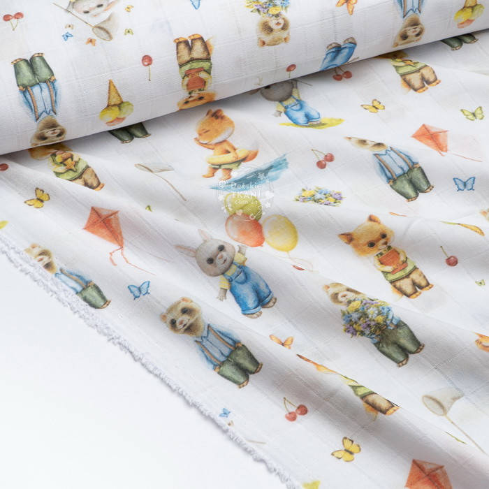 

Муслин в квадратики с цифровой печатью "Звери на отдыхе", ширина 165 см, Разные цвета