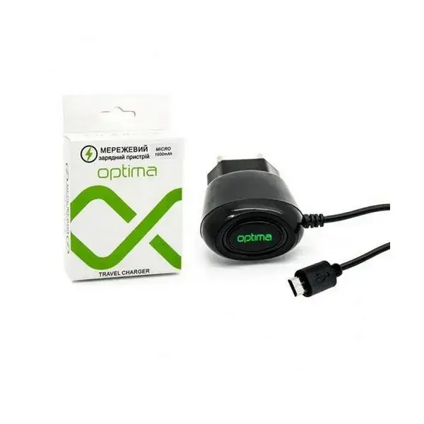 

Сетевое зарядное устройство для телефона Optima microUSB 1.A Black, Черный