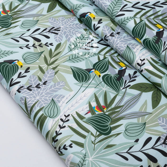 

Ткань сатин "Туканы и попугаи в тропических листьях" №3634с, Разные цвета