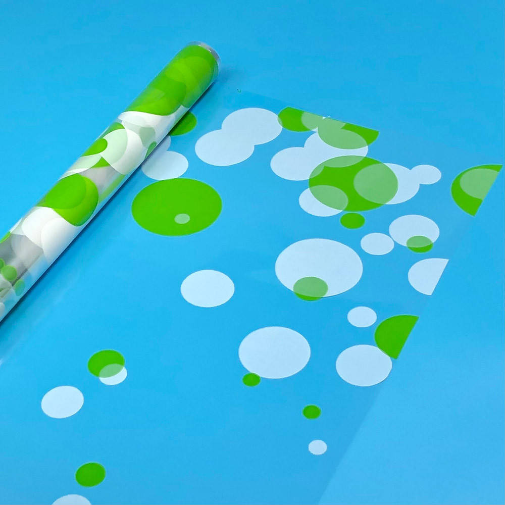 

Пленка с рисунком "Шары-2" салатовые+белые на прозрачном (60 см, 400 г)