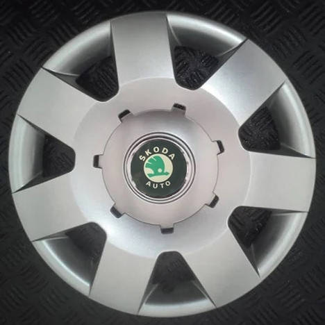 

Колпаки Skoda R14 зеленая эмблема, серебро - (SJS ke4661) - комплект (4 шт.)
