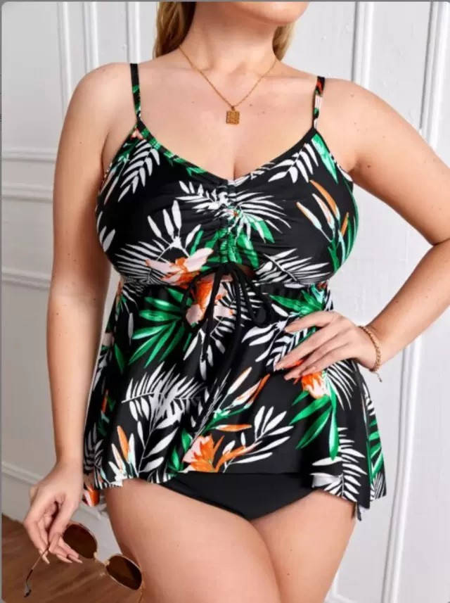 

Купальник танкини. Тропический принт. Большие размеры, Черный
