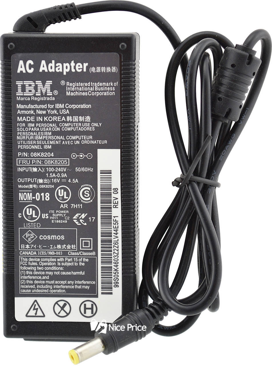 

Блок питания для ноутбуков IBM 16V 4.5A 72W 5.5x2.5 + кабель питания (5143)